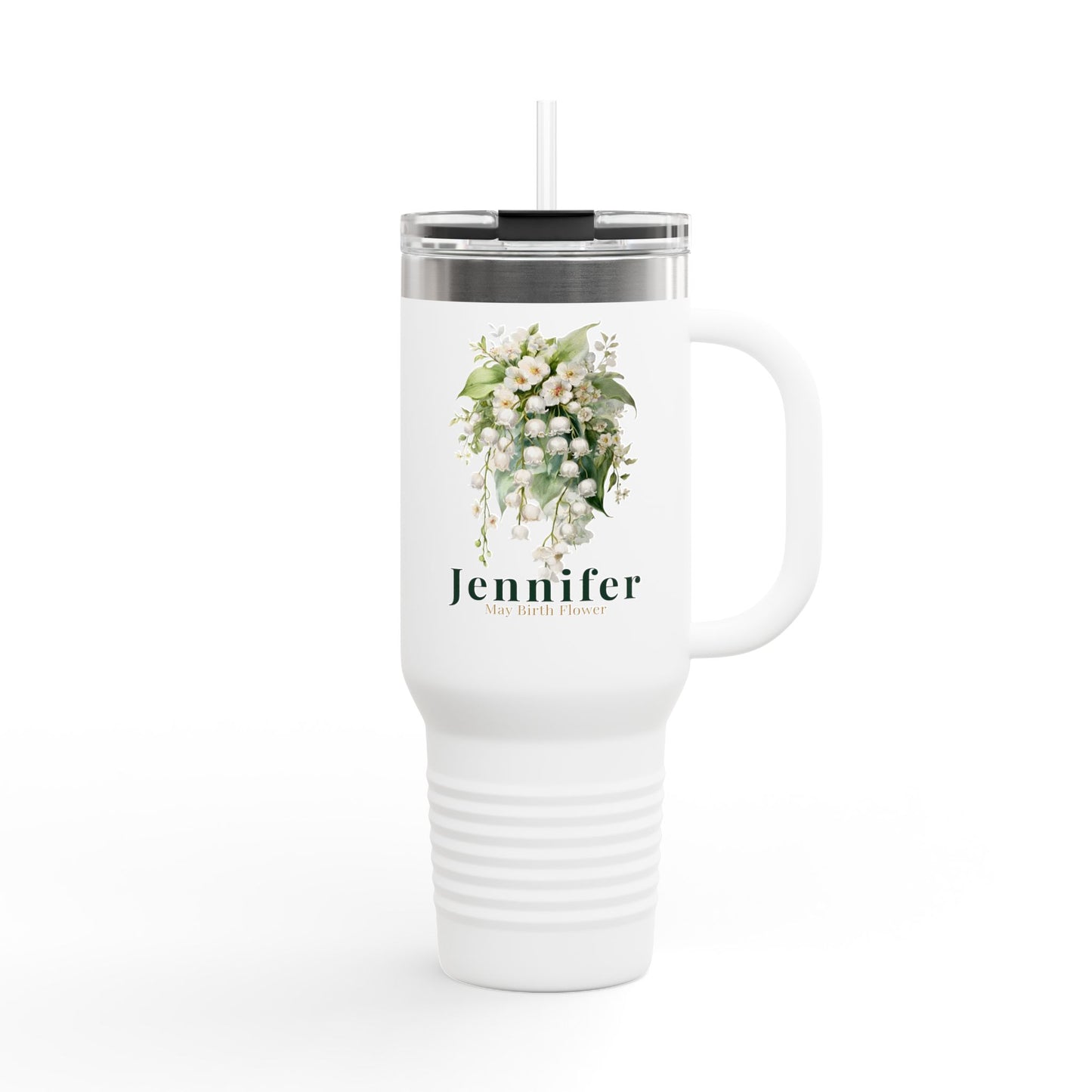 40oz Personalized Travel Mug – May Birth Flower Lily of the Valley Tumbler - 14891
