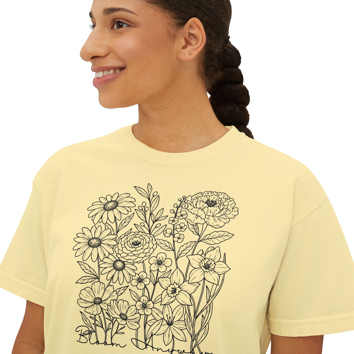 Floral Line Art Boxy T-Shirt, Women’s Botanical Sketch Tee - 14987