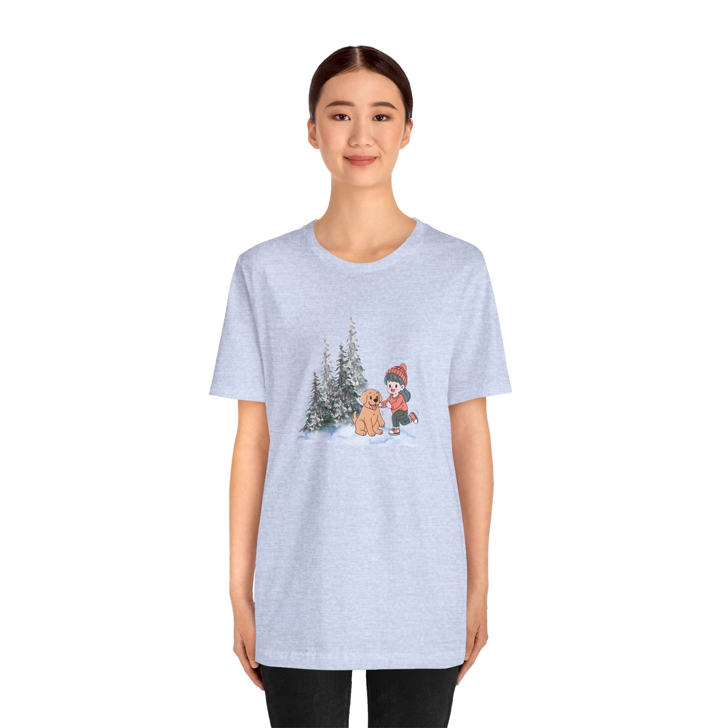 Winter Trees, Girl & Puppy - Unisex Jersey Short Sleeve Tee - 10279