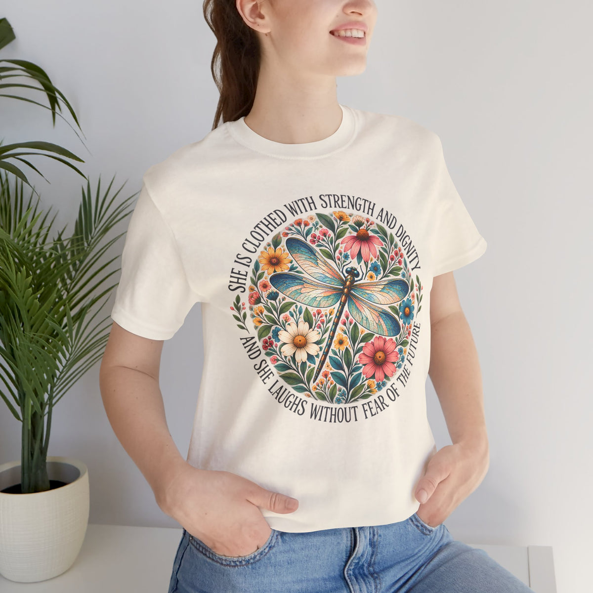 Dragonfly Floral T-Shirt, “She Is Clothed With Strength and Dignity” Inspirational Women’s Tee - 14993