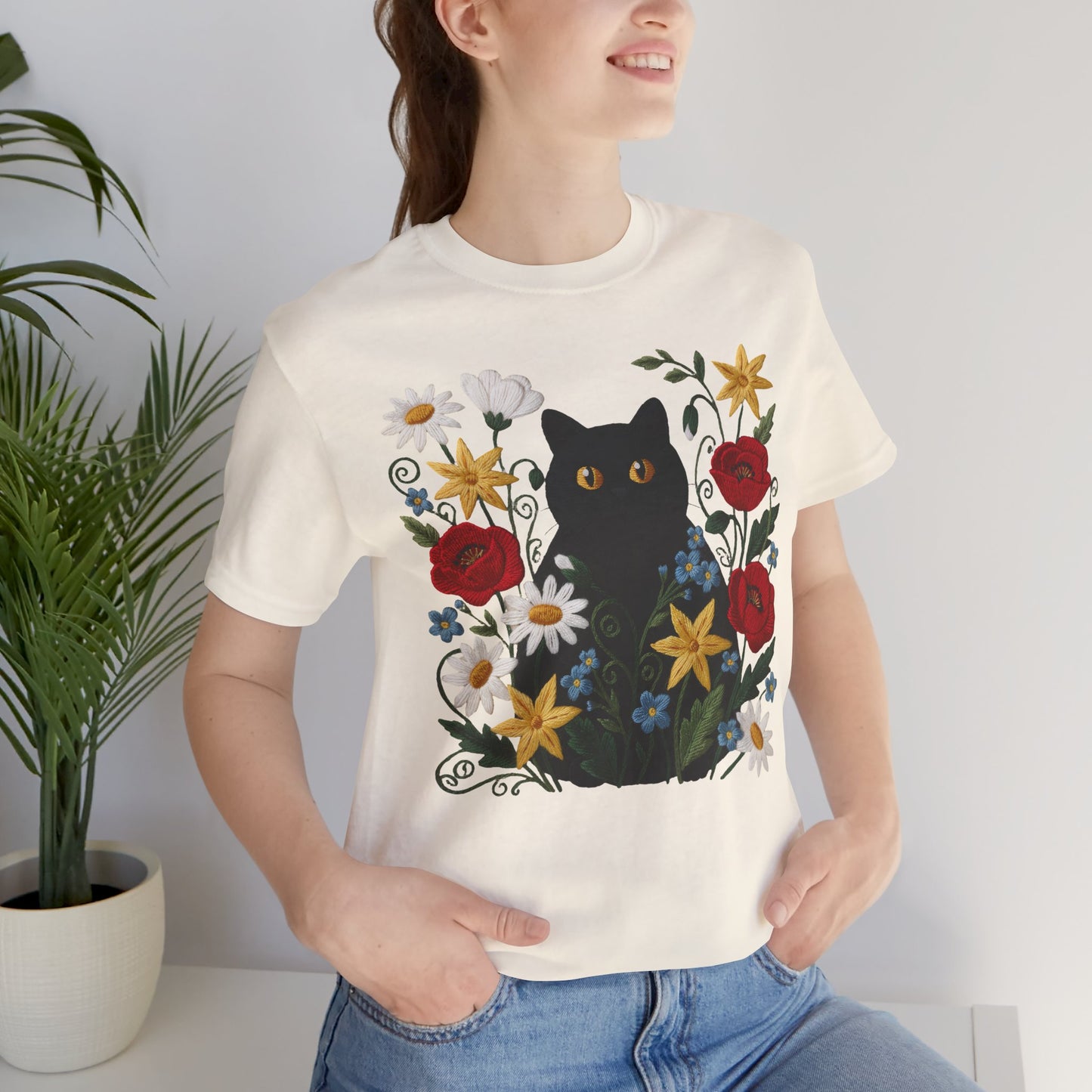 Black Cat in Wildflowers T-Shirt — Floral Cat Tee for Cat Lovers - 14921