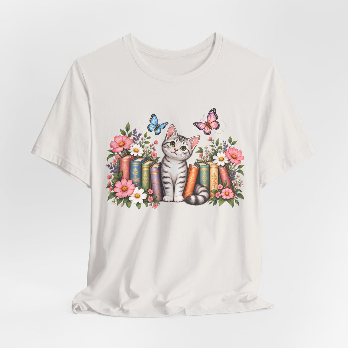 Cat & Books T-Shirt, Cute Floral Kitten & Butterfly Tee - 14526