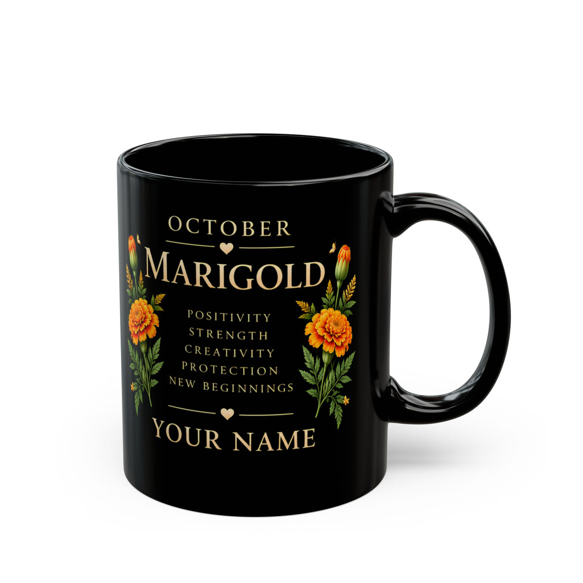 Personalized October Marigold Black Mug, Custom Name Birth Flower Coffee Cup - 14977