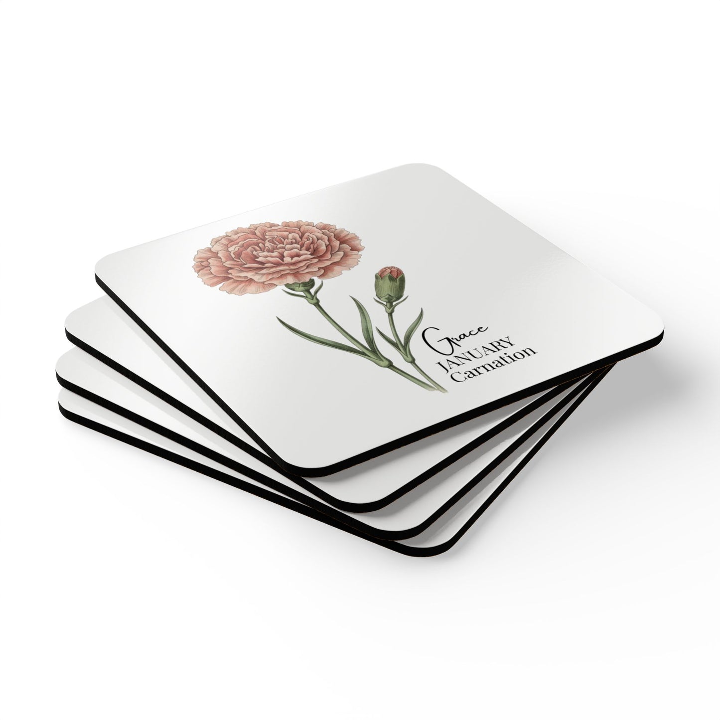 January Birth Flower Carnation Cork Coaster Set – Personalized Name Gift - 14690