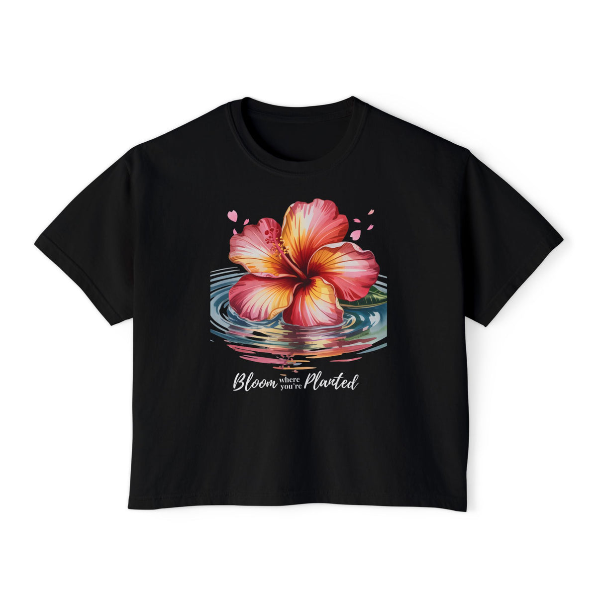 Bloom Where You’re Planted Hibiscus Boxy Tee, Tropical Floral T-Shirt - 14924
