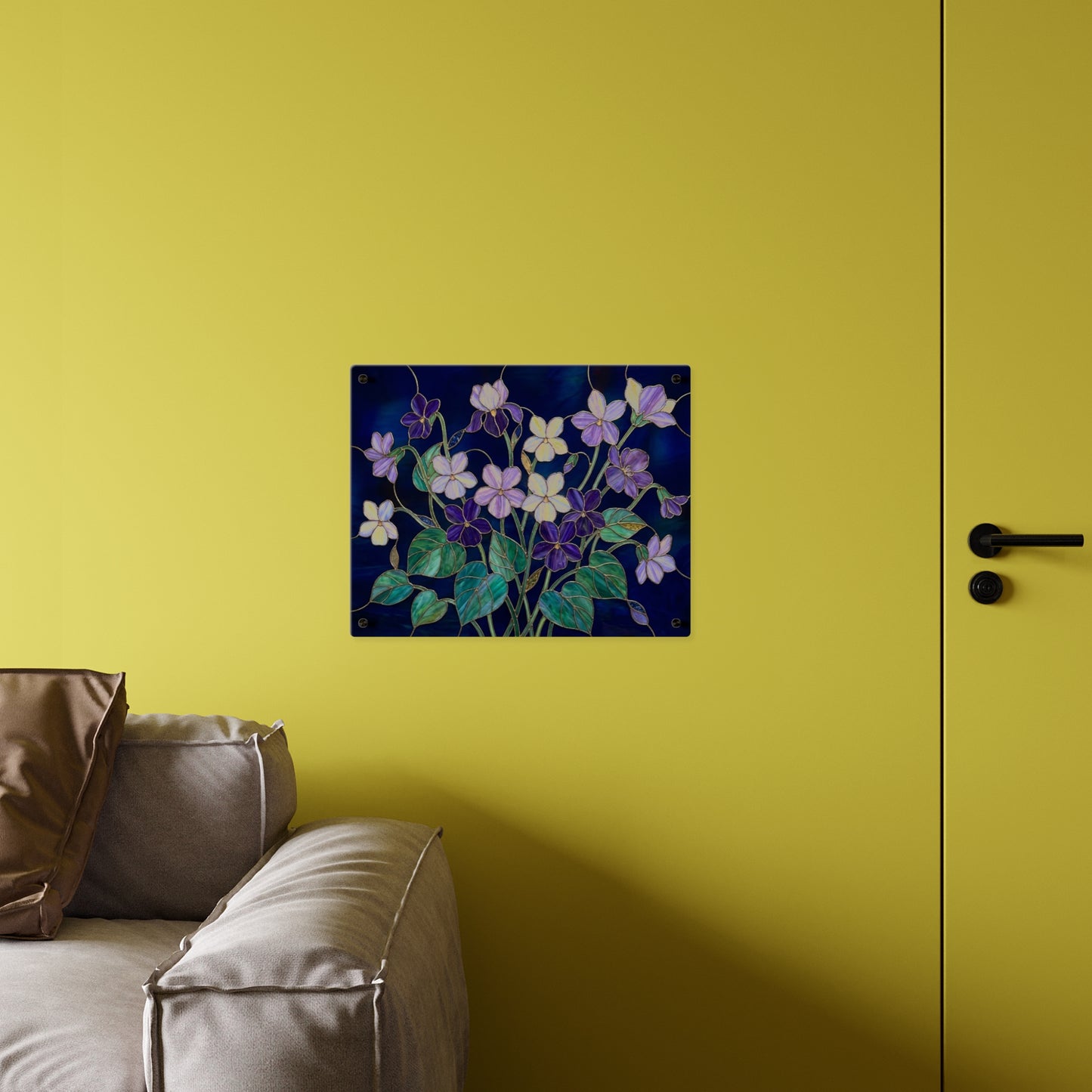 Violet Floral Acrylic Wall Art Panel — Purple Violets on Deep Blue - 14600