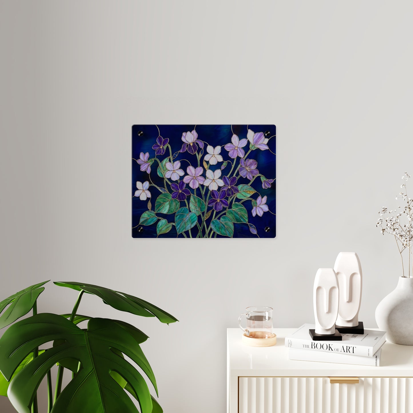 Violet Floral Acrylic Wall Art Panel — Purple Violets on Deep Blue - 14600