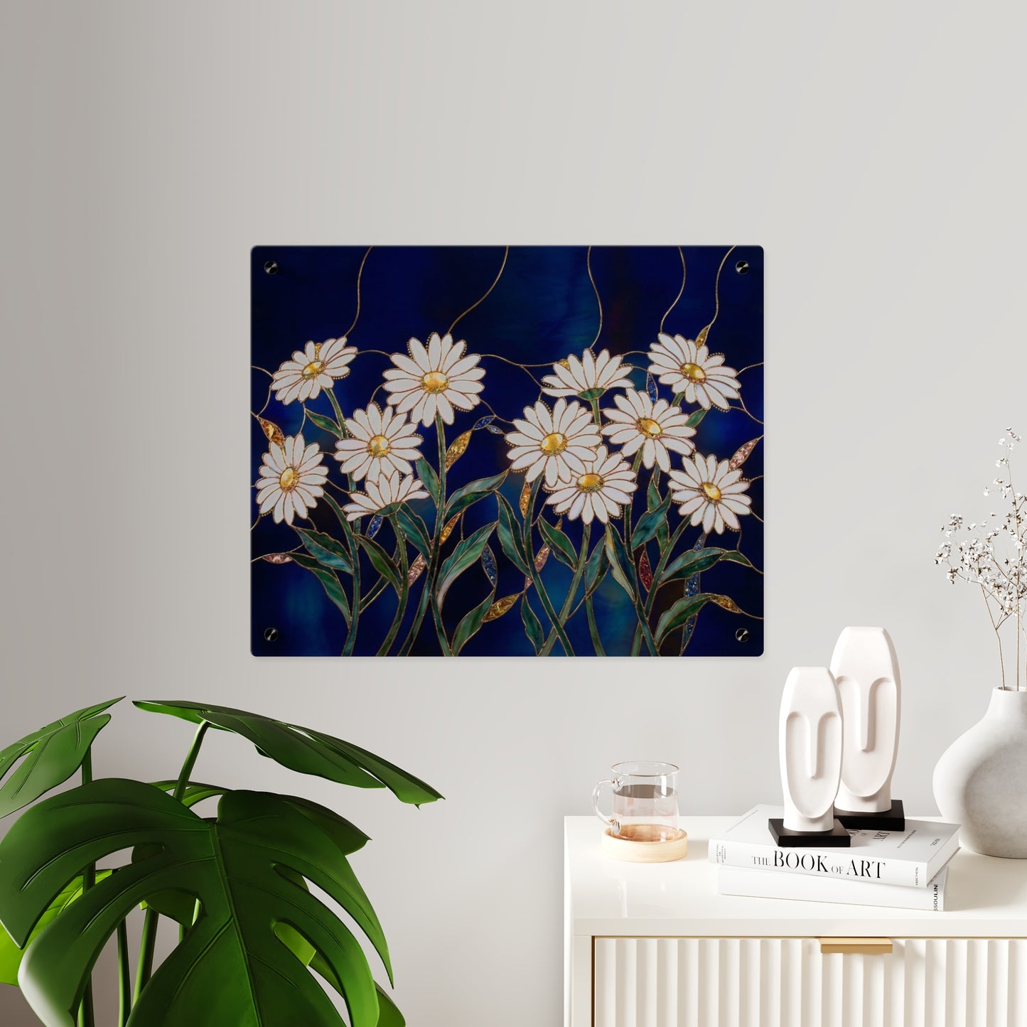 Daisy Stained-Glass Acrylic Wall Art Panel — White Daisies on Deep Blue Background - 14602