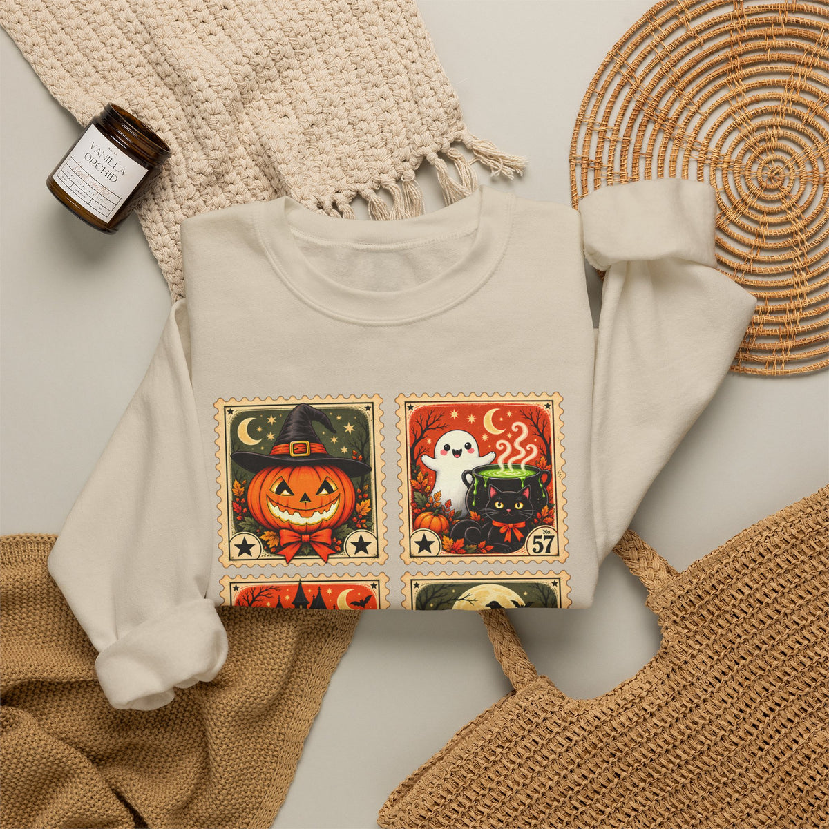 Vintage Halloween Stamp Sweatshirt, Spooky Pumpkin & Ghost Crewneck - 14510