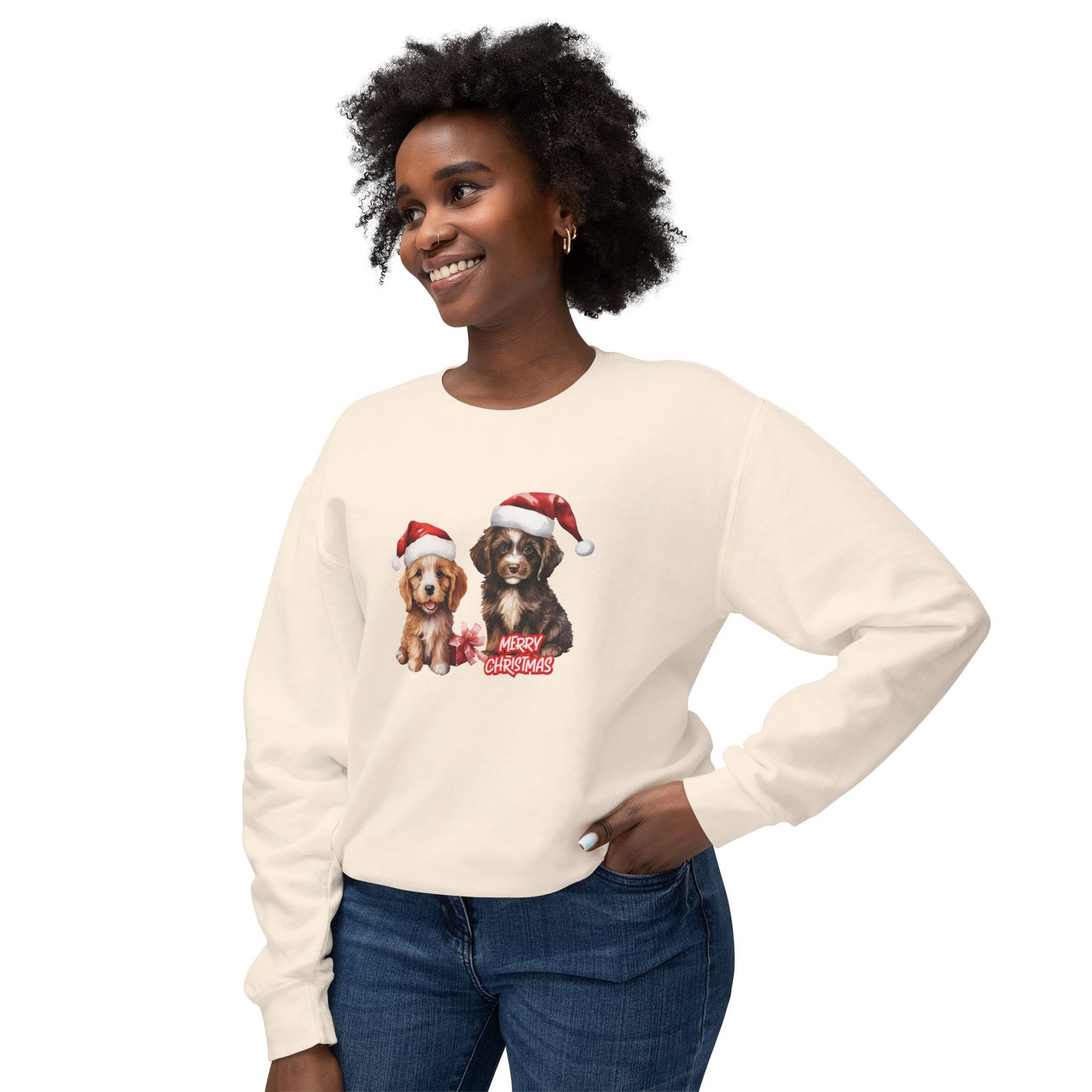 Two Puppies, Merry Christmas - Unisex Lightweight Crewneck Sweatshirt - 10269