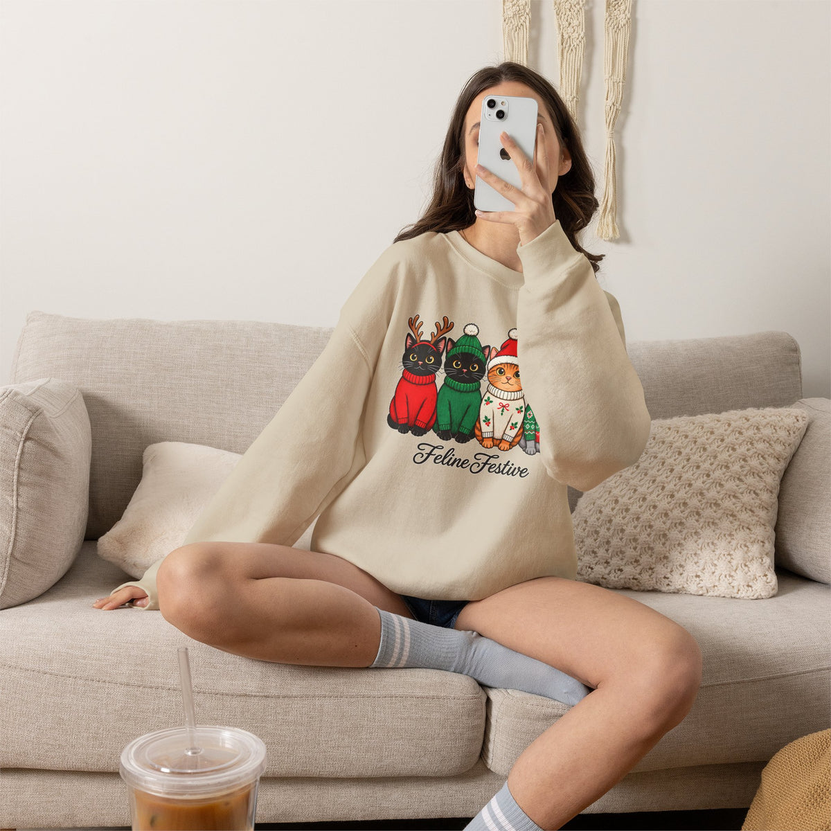 Feline Festive Sweatshirt, Cute Christmas Cats Crewneck - 14564