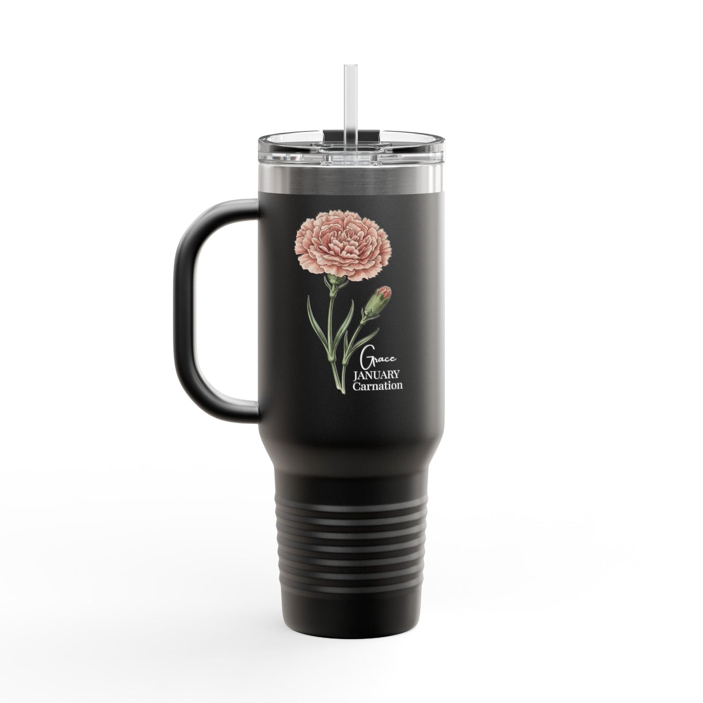 Carnation Floral Tumbler (Expressive) – January Birth Flower Gift | 40oz Insulated Travel Mug, Customizable — 14691