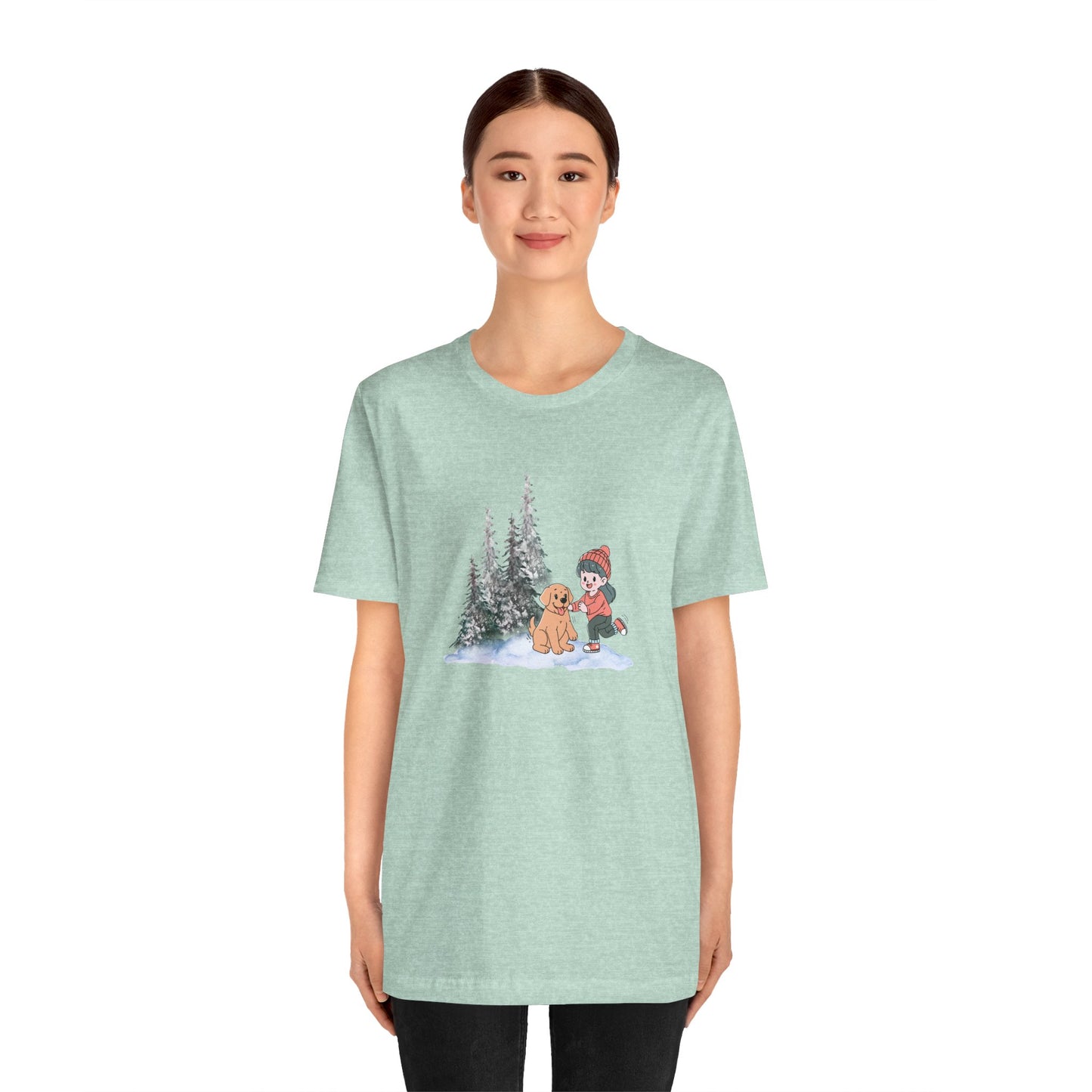 Winter Trees, Girl & Puppy - Unisex Jersey Short Sleeve Tee - 10279