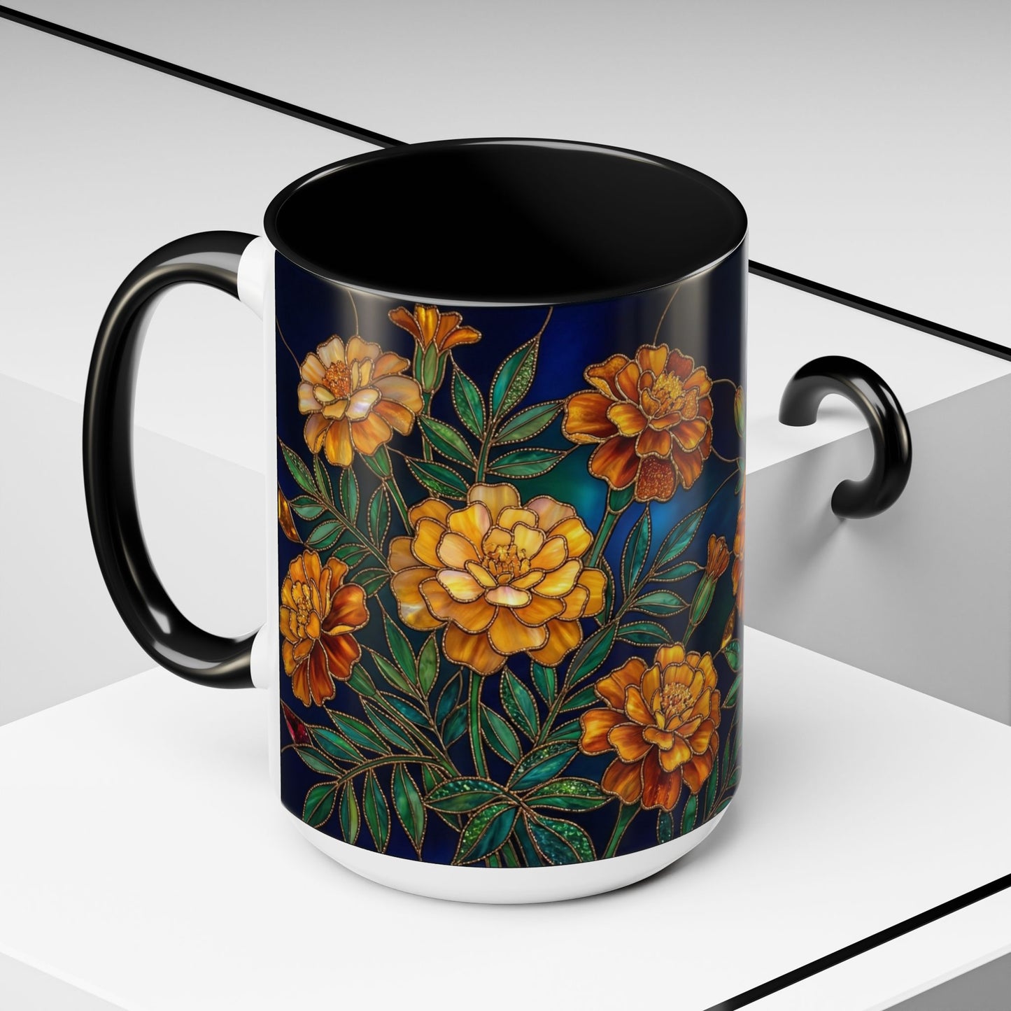 Marigold Floral Accent Coffee Mug — Dark Botanical 11/15oz - 14578