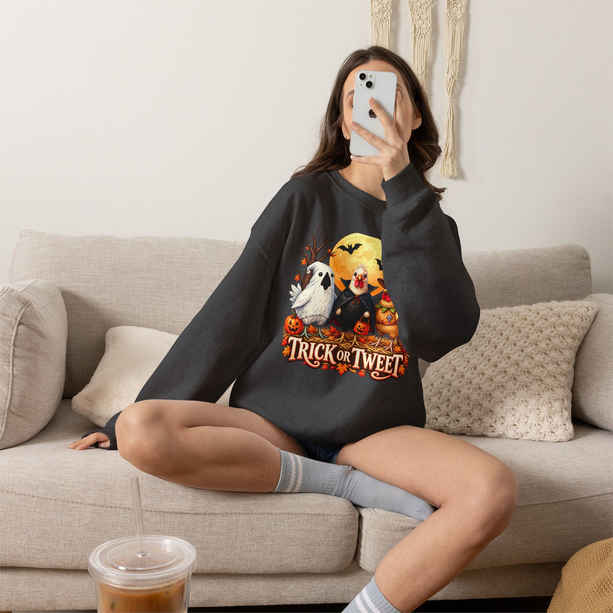 Trick or Tweet Halloween Sweatshirt, Cute Costume Chickens & Ghost Crewneck- 14512