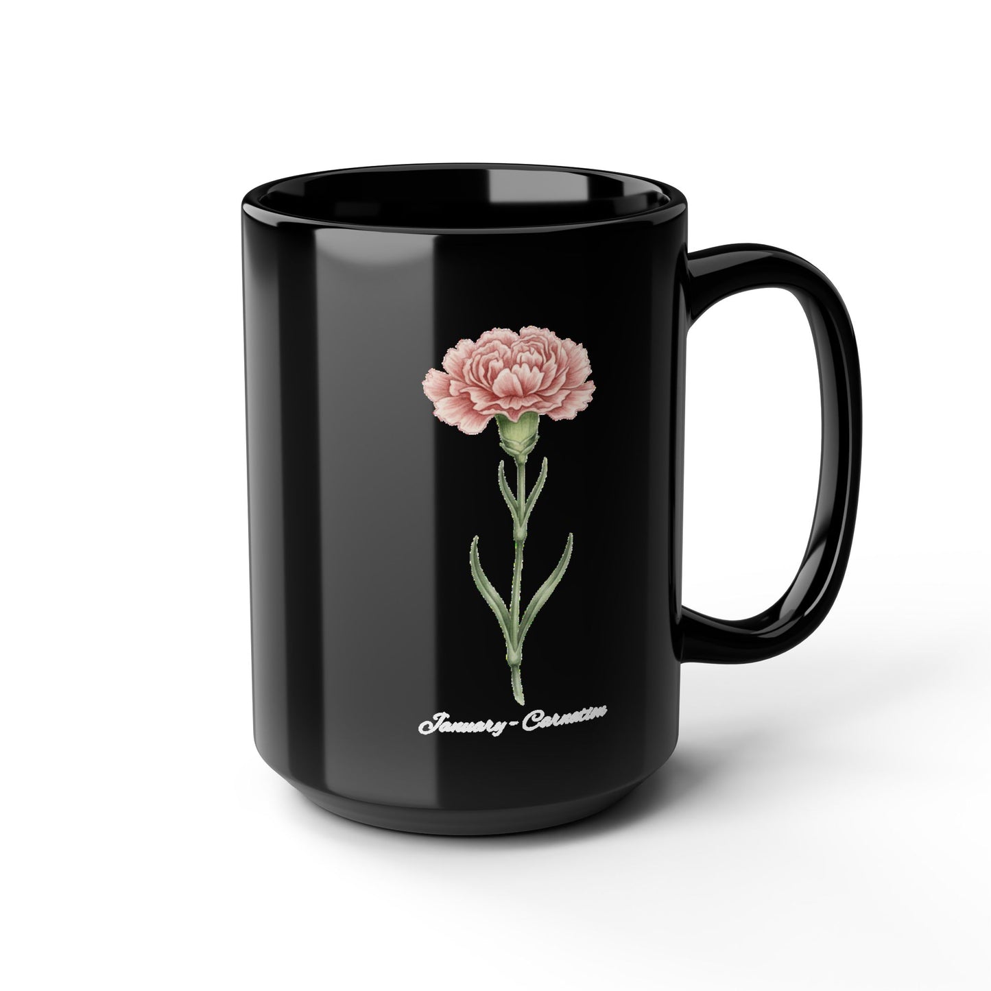 January Carnation Birth Flower Black Mug – Customizable (11oz & 15oz) - 14670