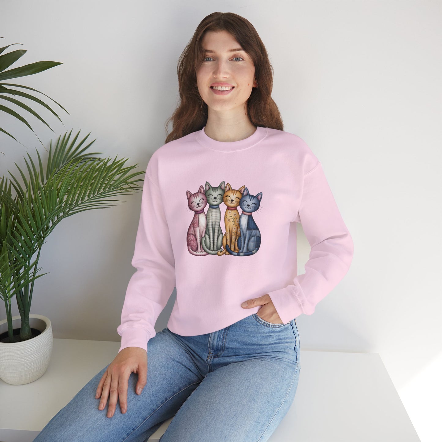 Happy Cats Illustration Sweatshirt – Colorful Cat Art Crewneck - 14770