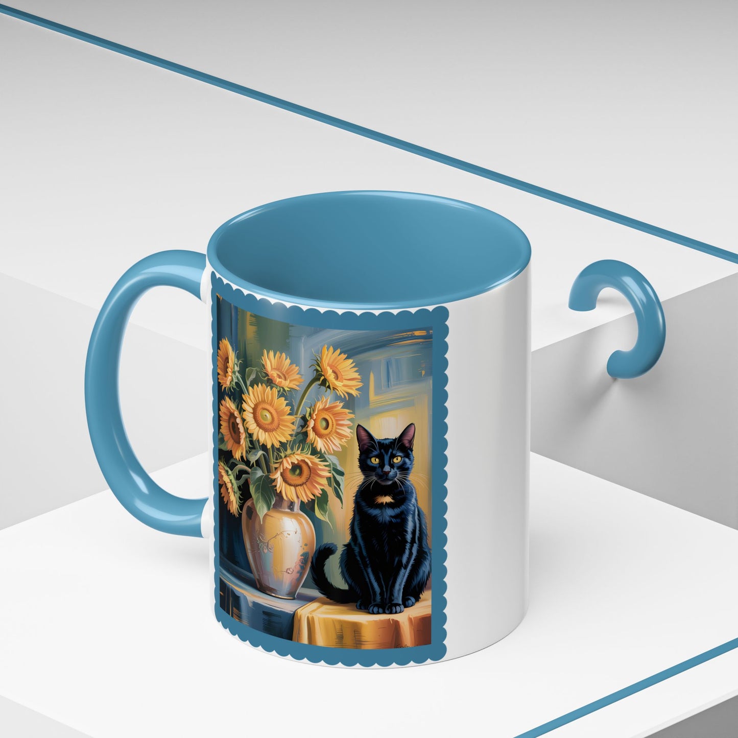 Van Gogh Style Black Cat & Sunflowers Accent Mug – Art Lover Coffee Cup (11oz / 15oz) - 14765