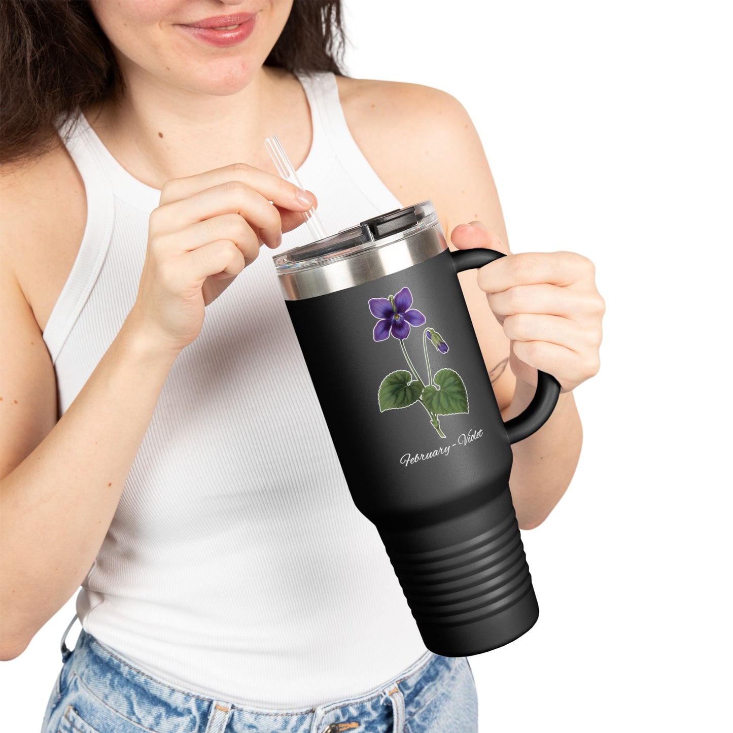 Violet (Single) Floral Tumbler – February Birth Flower Gift | 40oz Insulated Travel Mug, Customizable — 14698