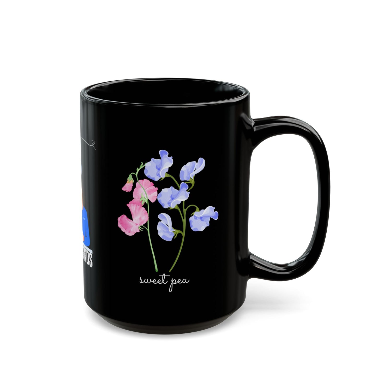 Happy Birthday, April, Featuring Daisy and Sweet Pea - Customizable - Ceramic Black Mug (11oz, 15oz) - 10480