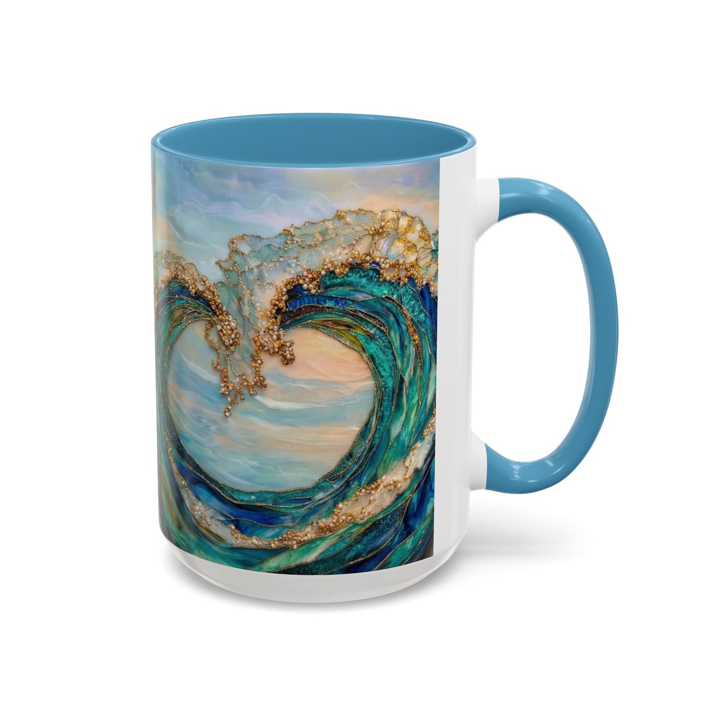 Ocean Heart Wave Coffee Mug — Teal Blue Accent Beachy Ceramic Mug (11/15oz) - 14521