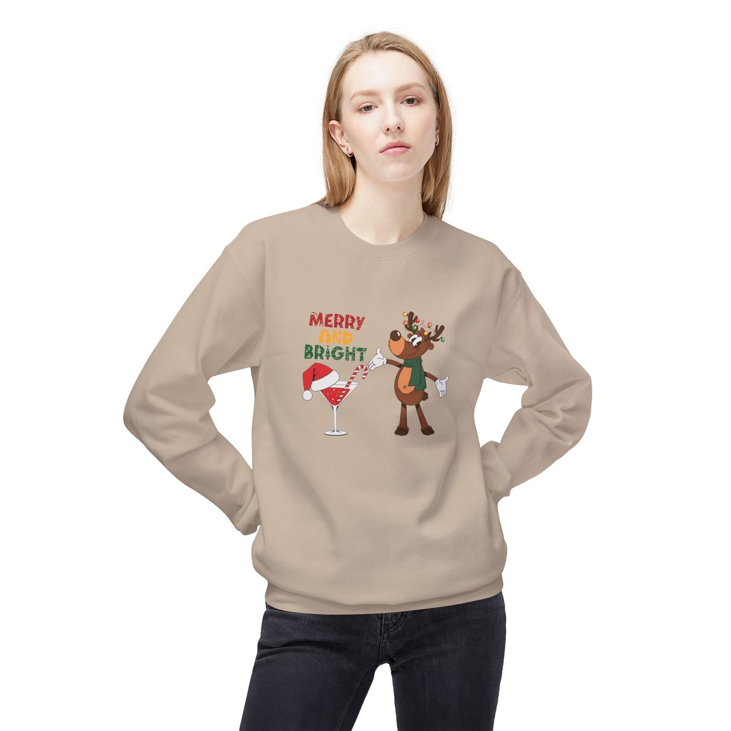 Reindeer, Merry & Bright - Unisex Midweight Softstyle Fleece Crewneck Sweatshirt - 10337