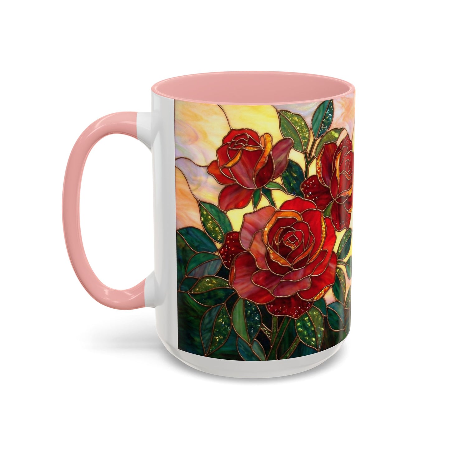 Rose Stained Glass Accent Coffee Mug – Red Roses Floral 11/15oz - 14539