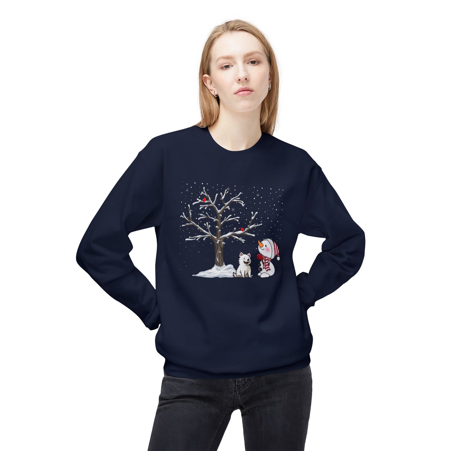 Winter Tree, Snowman & Puppy - Unisex Midweight Softstyle Fleece Crewneck Sweatshirt - 10393