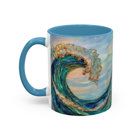 Ocean Heart Wave Coffee Mug — Teal Blue Accent Beachy Ceramic Mug (11/15oz) - 14521
