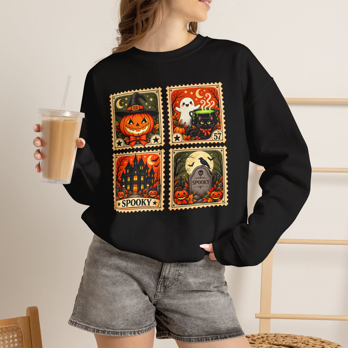 Vintage Halloween Stamp Sweatshirt, Spooky Pumpkin & Ghost Crewneck - 14510