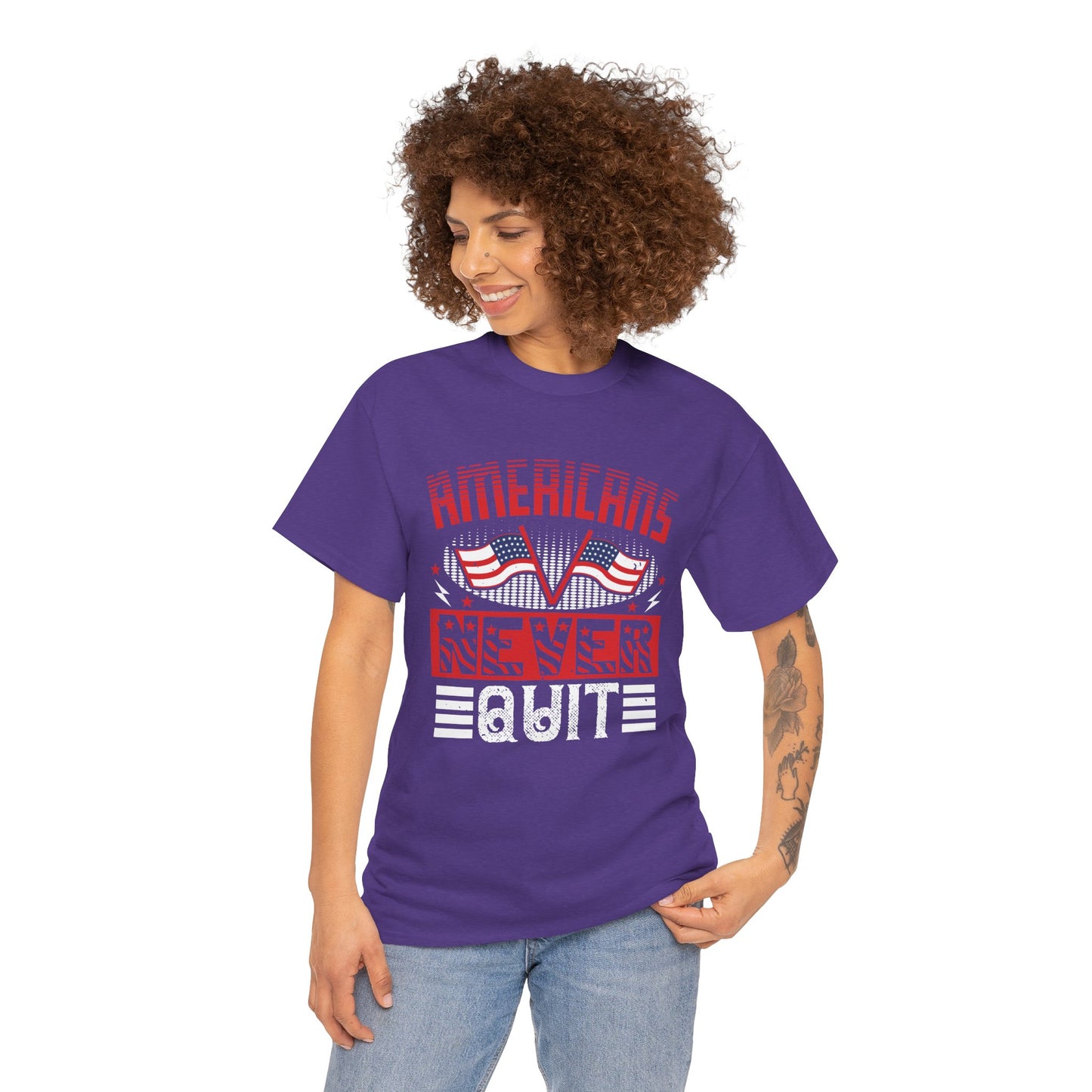 Bold American Pride Tee - 'Americans Never Quit' Graphic Shirt, Patriotic Apparel, Unisex Cotton Tee, Gift for Veterans, Independence - 13814