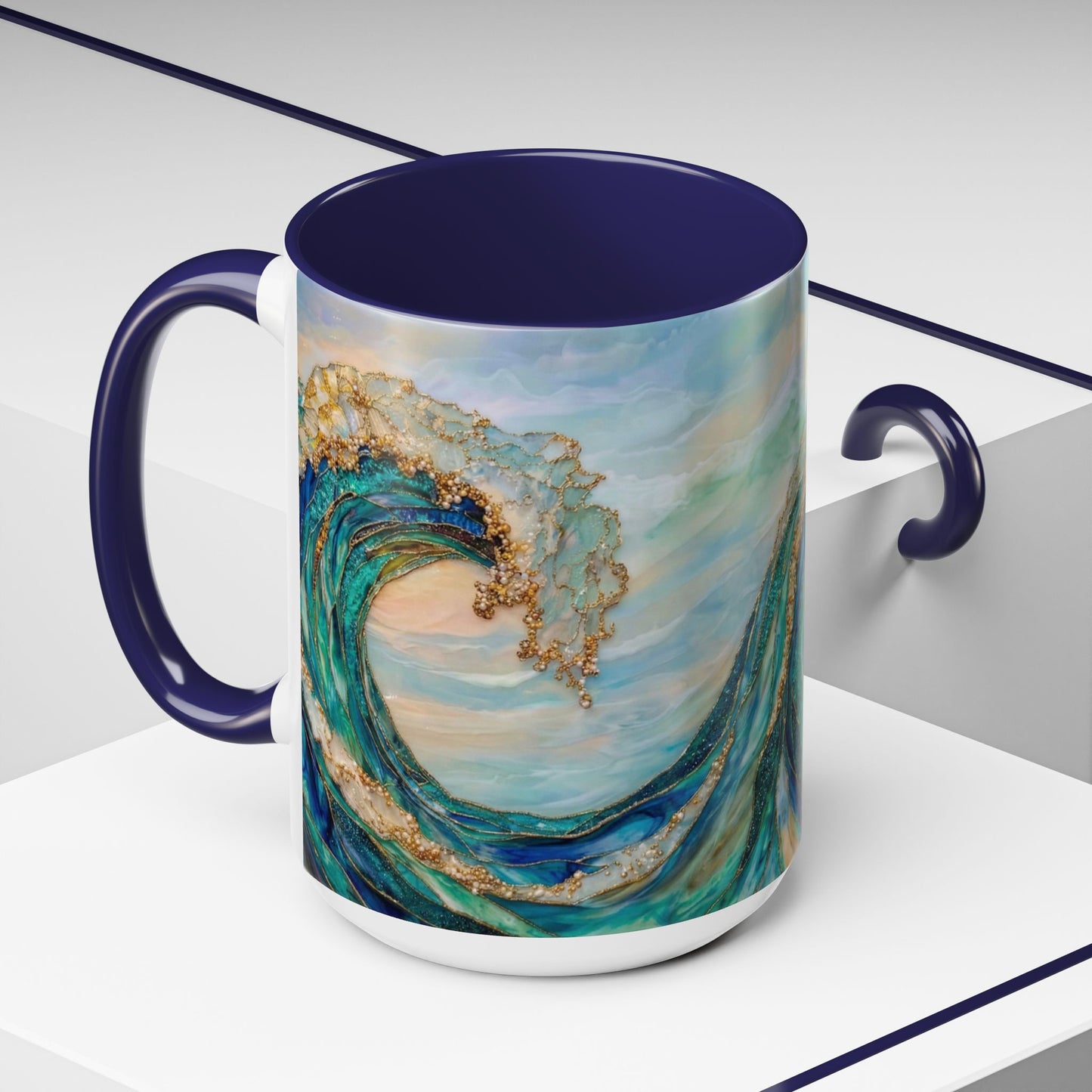 Ocean Heart Wave Coffee Mug — Teal Blue Accent Beachy Ceramic Mug (11/15oz) - 14521