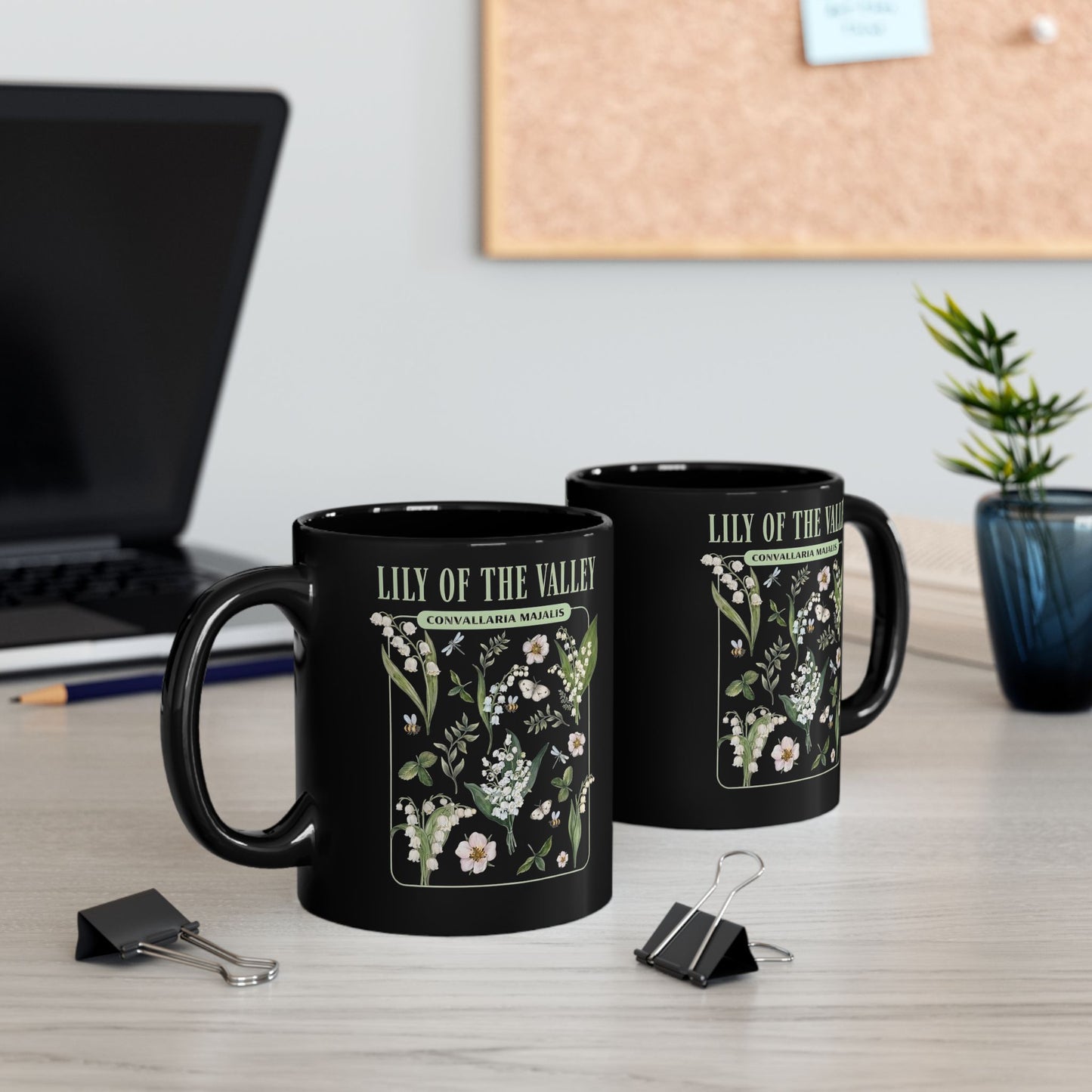 May Birth Flower Mug – Lily of the Valley Black Ceramic Coffee Cup (11oz, 15oz) - 11887