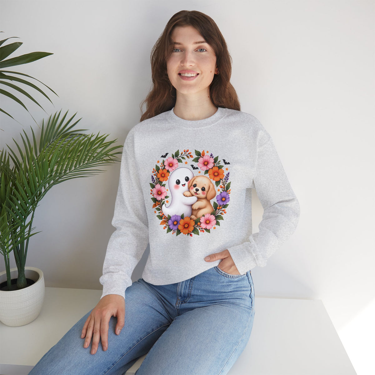 Cute Ghost & Puppy Halloween Sweatshirt,  Floral Crewneck - 14515