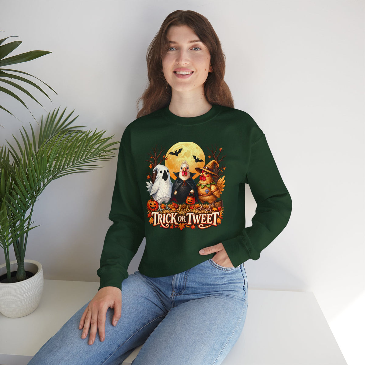 Trick or Tweet Halloween Sweatshirt, Cute Costume Chickens & Ghost Crewneck- 14512