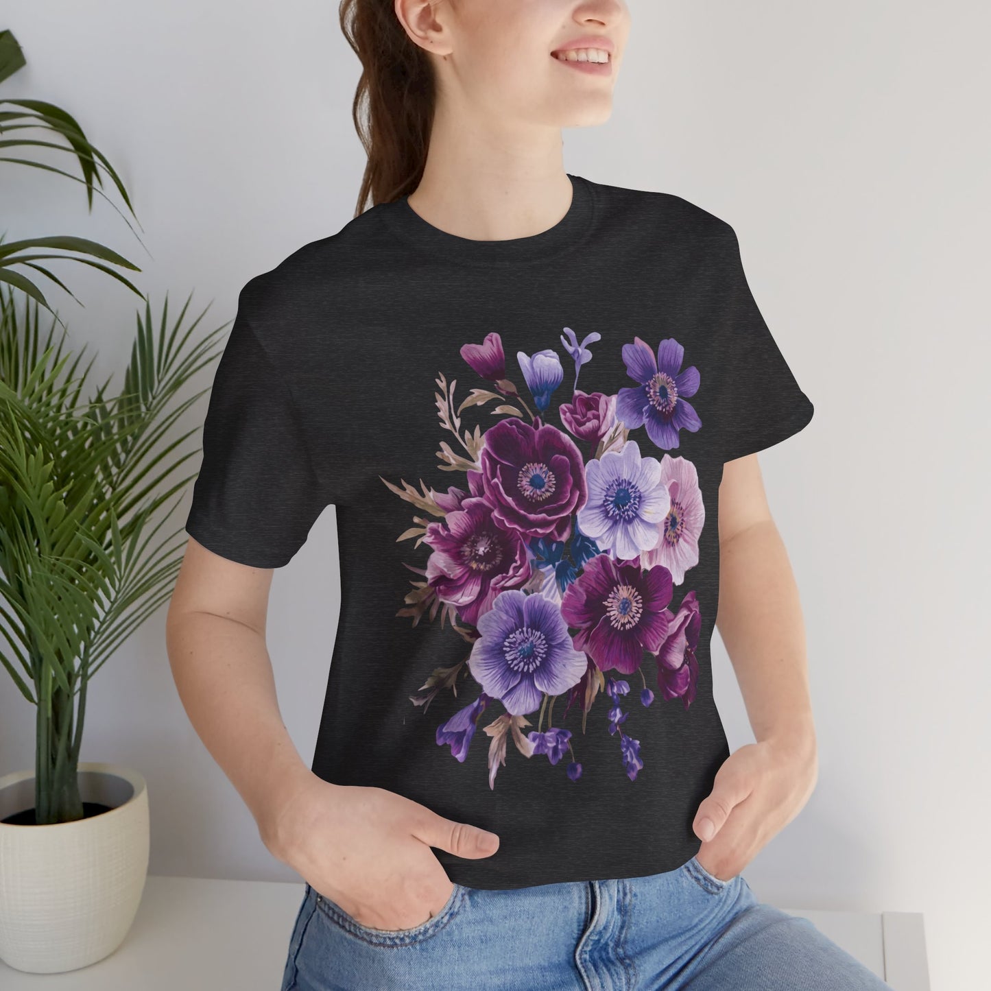 Purple Anemone Bouquet T-Shirt, Watercolor Floral Flower Tee - 14947