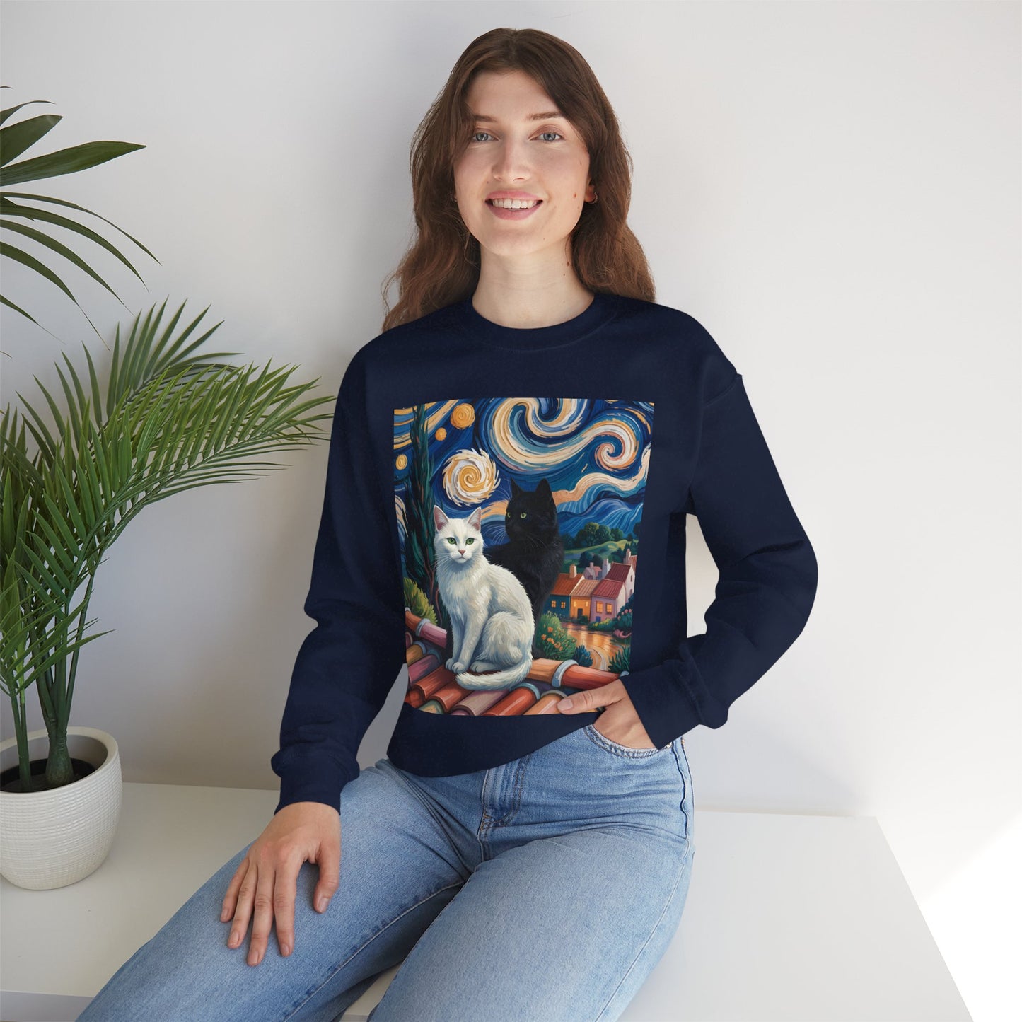 Van Gogh Style Cat Art Sweatshirt - Cozy Unisex Crewneck, Valentines Day Gift for Cat Lovers - 14761
