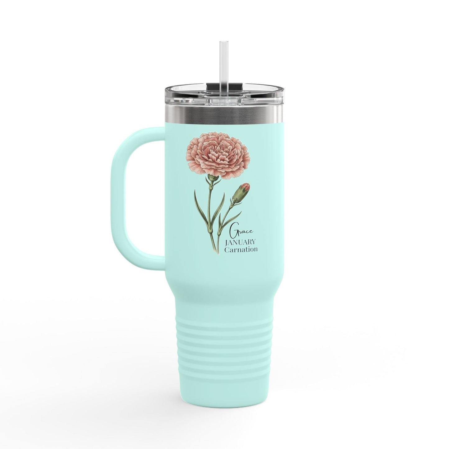 Carnation Floral Tumbler (Expressive) – January Birth Flower Gift | 40oz Insulated Travel Mug, Customizable — 14691