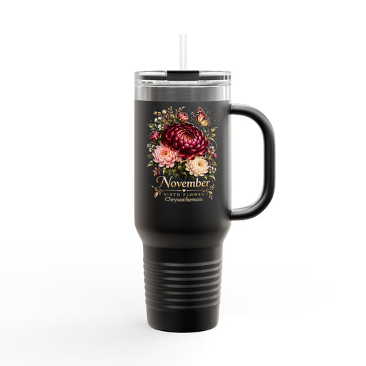November Birth Flower 40oz Tumbler, Personalized Chrysanthemum Travel Mug - 14551
