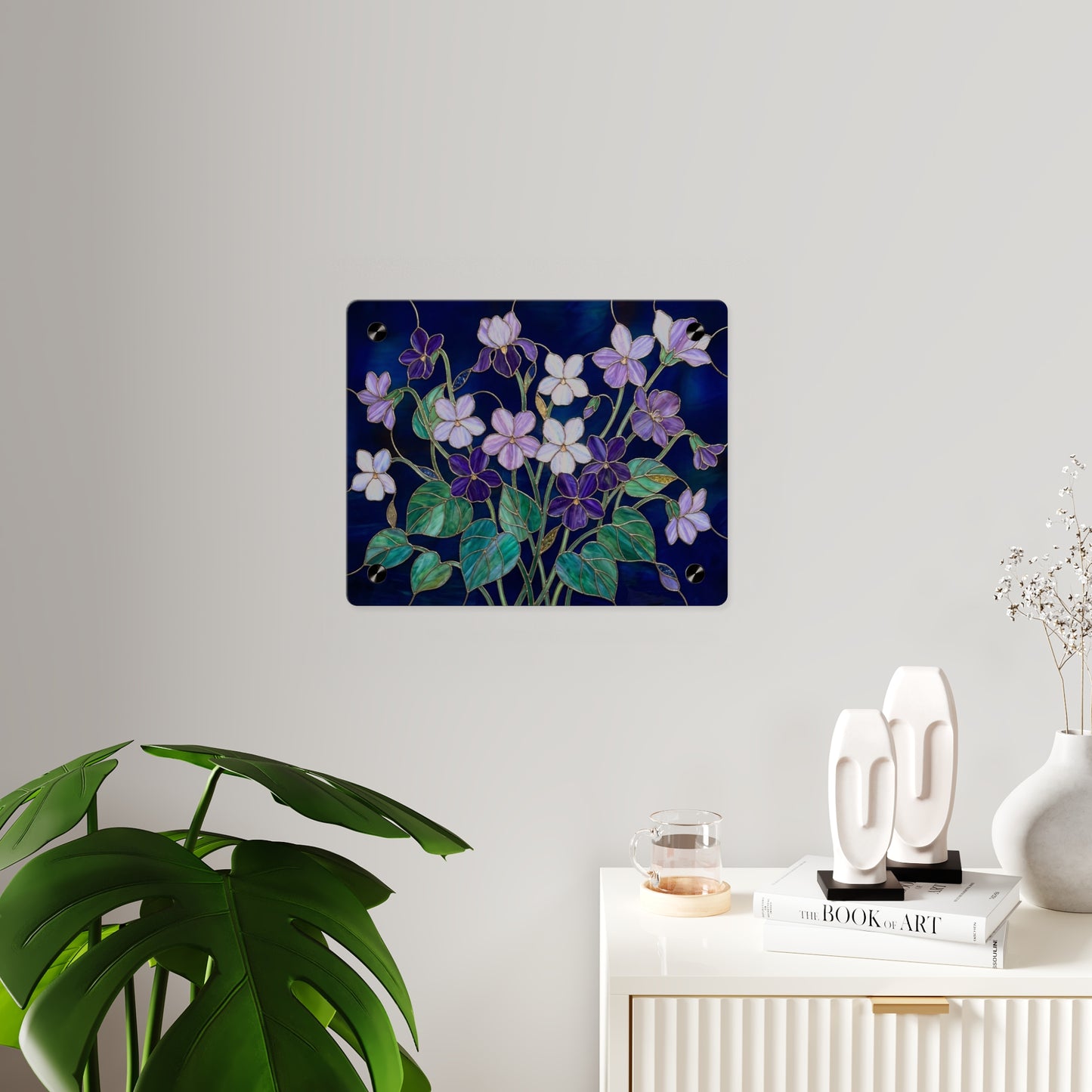 Violet Floral Acrylic Wall Art Panel — Purple Violets on Deep Blue - 14600