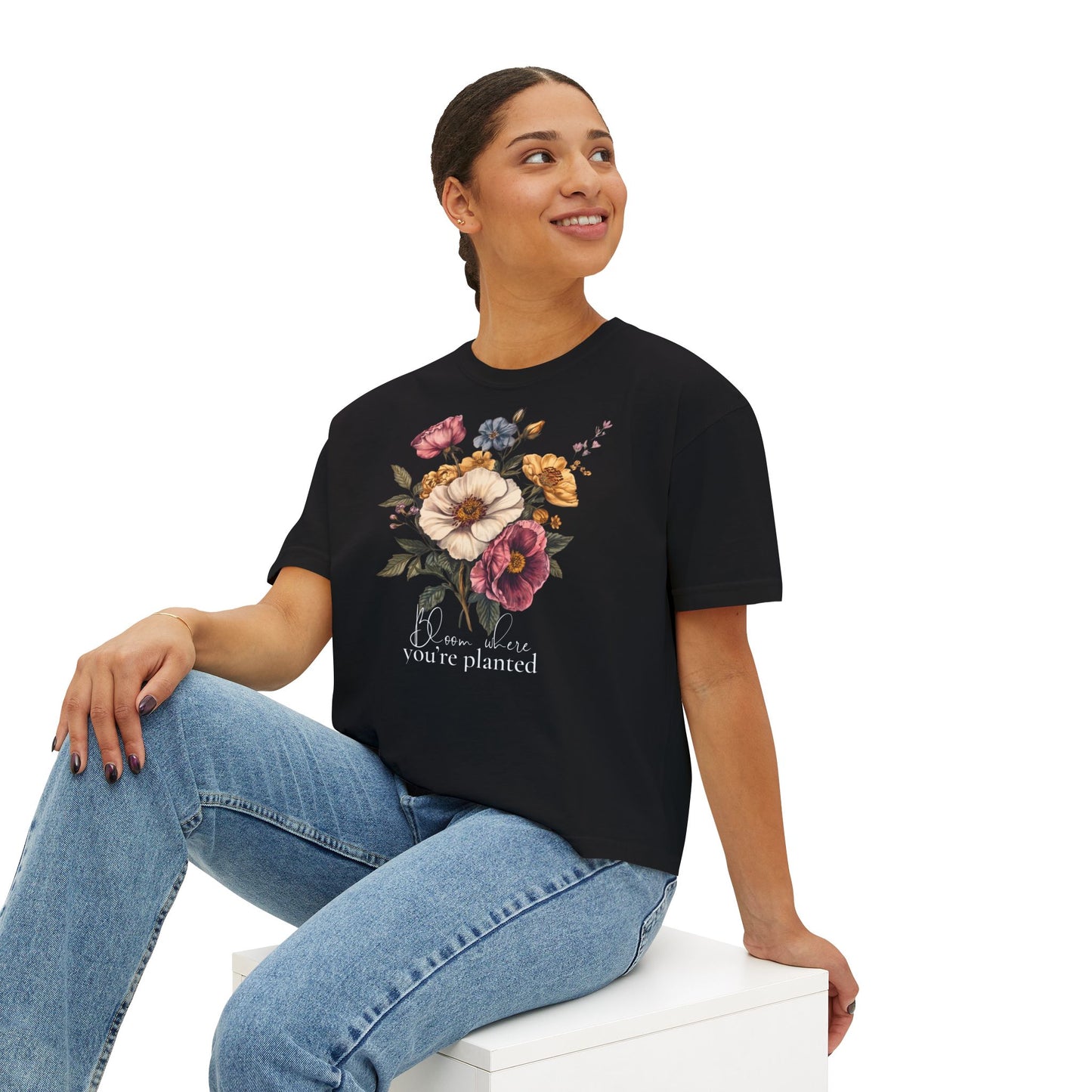 Bloom Where You’re Planted Floral Boxy Tee, Vintage Botanical T-Shirt - 14934