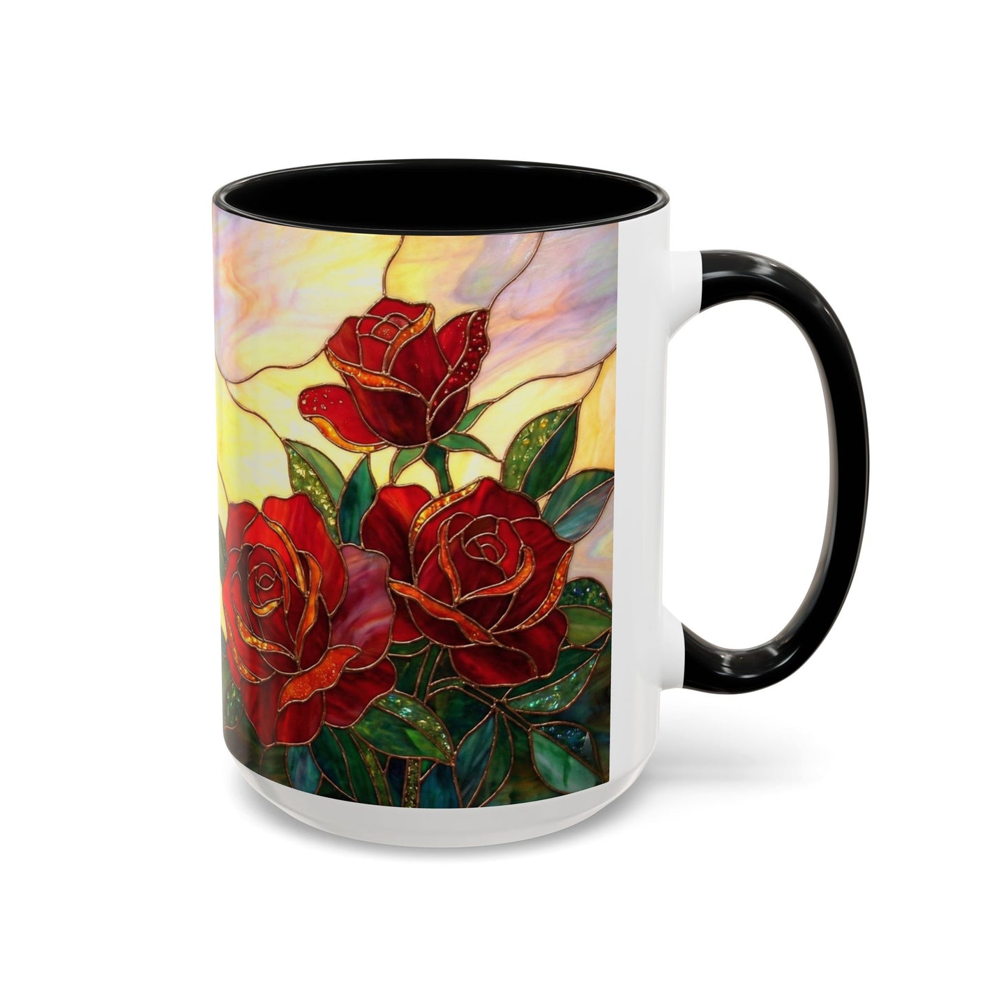 Rose Stained Glass Accent Coffee Mug – Red Roses Floral 11/15oz - 14539