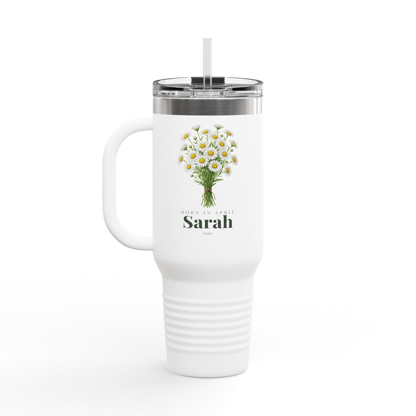Personalized April Daisy Birth Flower 40oz Insulated Travel Mug – Custom Name Birthday Gift - 14837