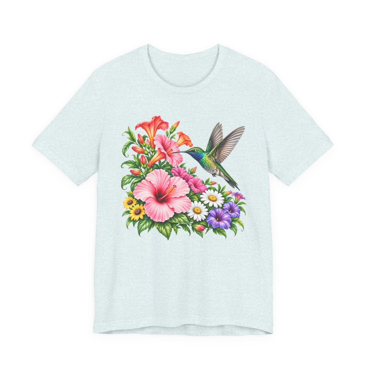 Hummingbird & Hibiscus T-Shirt, Colorful Tropical Floral Garden Tee - 14542