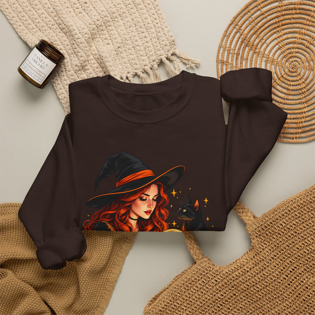Witch Tarot Crewneck Sweatshirt, Mystic Fortune Teller & Black Cat Design - 14504