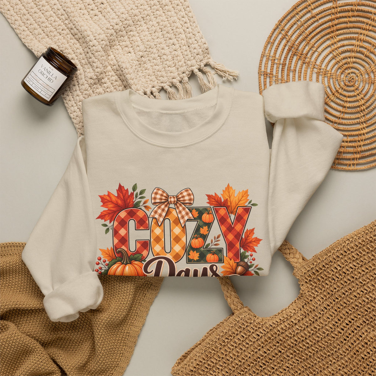 Cozy Days Sweatshirt,  Fall Pumpkin & Plaid Crewneck - 14525