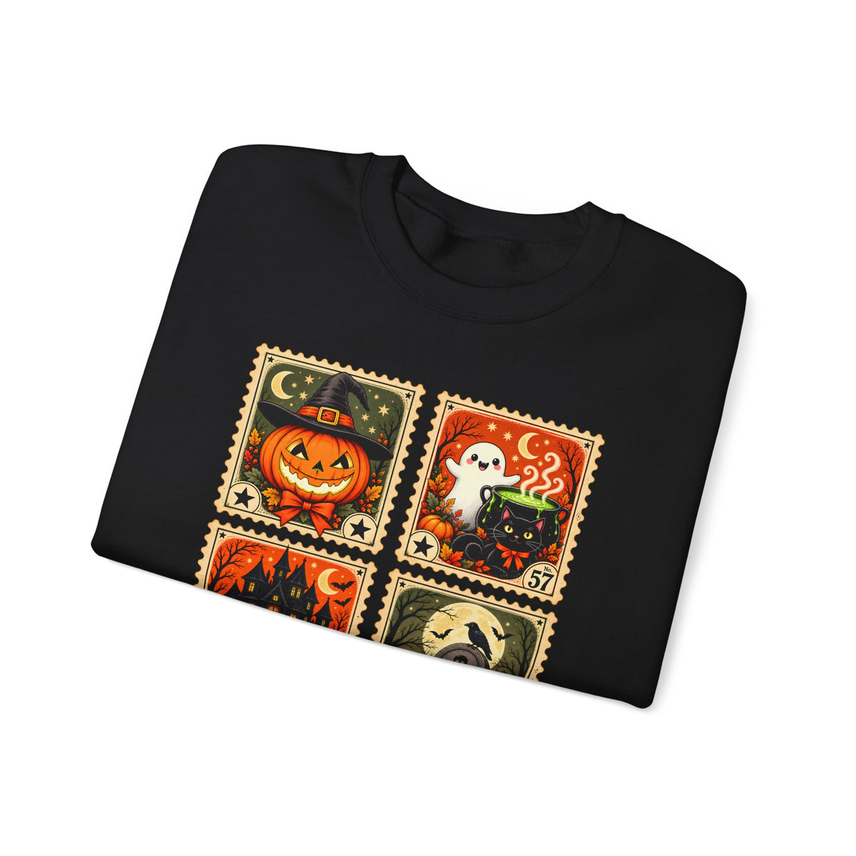 Vintage Halloween Stamp Sweatshirt, Spooky Pumpkin & Ghost Crewneck - 14510