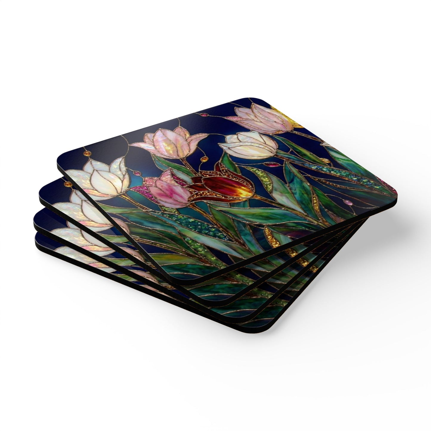 Floral Stained-Glass Tulip Cork Coaster Set — 4-Pack Decorative Drink Coasters - 14593