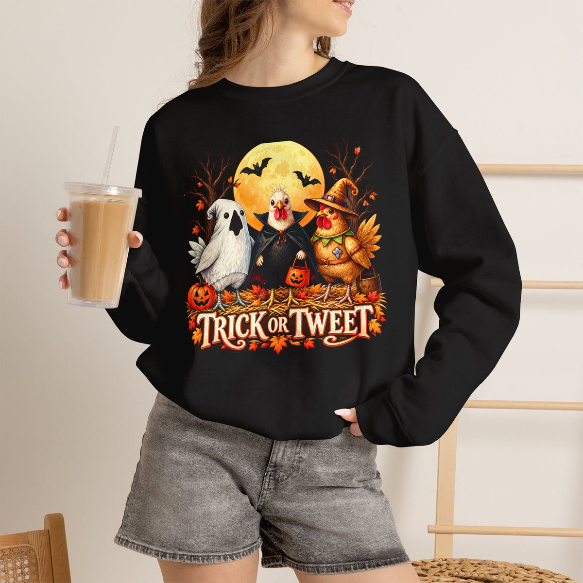 Trick or Tweet Halloween Sweatshirt, Cute Costume Chickens & Ghost Crewneck- 14512