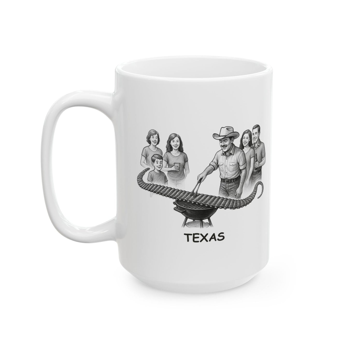 "In Texas, we don’t just ‘grill’—we make a day of it with family, friends, and the longest line of ribs you’ve ever seen." Ceramic Mug - 12752